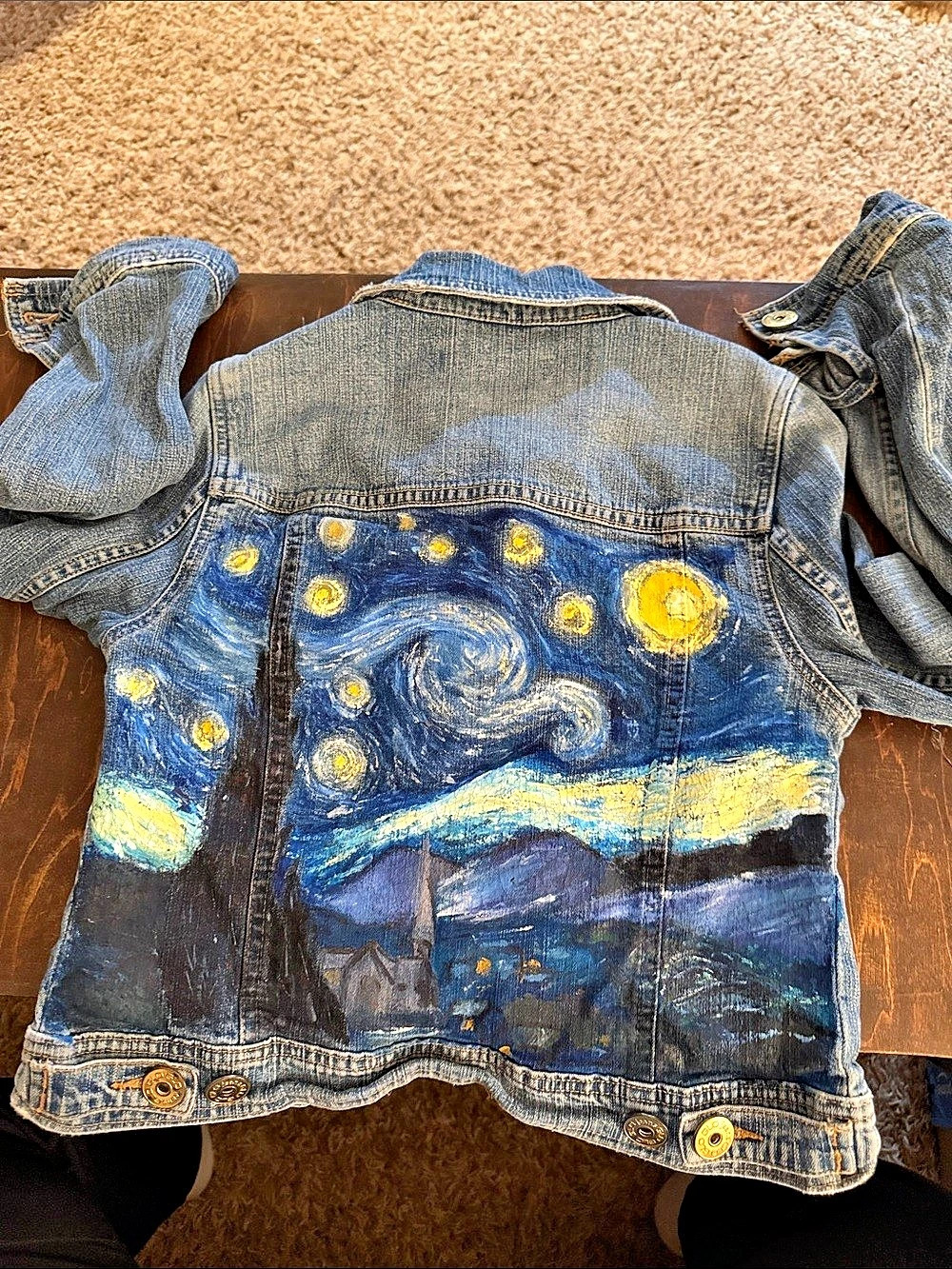 Hand painted Vincent van high starry night Jean jacket medium crop vintage 95 - Picture 1 of 8
